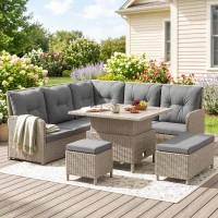 Outsunny 7 Seater Rattan Garden Furniture Set, 6 Piece Patio Dining Set with Liftable Coffee Table and Soft Padded Cushion, Wicker Sectional Conversation Corner Sofa, 123 x 55 x 84 cm, Light Grey(m-2)