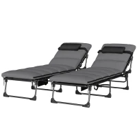 Outsunny Lot de 2 Bains de Soleil Transat de Jardin Matelas XXL 9cm Inclinable 180° Plat Pliable à 5 Positions 200x57x38cm Gris(m-17)