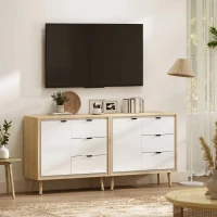 HOMCOM Bufet Modern cu 3 Sertare și Dulap, Raft Interior Reglabil și Uși Lucioase, Alb și Stejar(m-9)