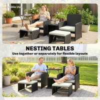 Outsunny 6 Piece Rattan Garden Furniture, Space-Saving Patio Furniture Set with Nesting Tables, Chairs, Stools, Cushions, Black(m-6)