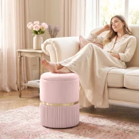 HOMCOM Pouf tabouret repose-pied coffre de rangement en velours côtelé 36 x 36 x 44 cm pour salon chambre rose(m-13)