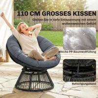 Outsunny Papasansessel 360° drehbar Korbsessel mit Kissen Stahlrahmen runder Rattansessel Loungesessel Grau(m-6)