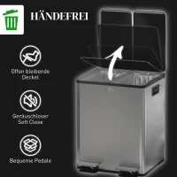 HOMCOM 2 x 20 L Doppelmülleimer, Pedalöffnung, leicht zu reinigen, Edelstahl, Kunststoff, Silber(m-6)