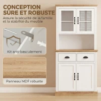 HOMCOM Buffet Haut Cuisine, Armoire Cuisine, 4 Portes dont 2 en Verre, 2 Tiroirs, Plan de Travail, Étagères Réglables, Blanc(m-6)