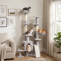 PawHut Albero Tiragraffi Multilivello 152 cm con 4 Pali per Gatti da Interno, Grigio Chiaro(m-8)