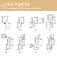 HOMCOM Regał ścienny wiszący z 5 sześcianami, 9 przegródek, dekoracja ścienna do salonu sypialni, drewno świerkowe, biały, 49,5 x 10,2 x 86 cm(m-5)