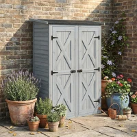 Outsunny Caseta de Jardín de Madera 115x53x156 cm Armario para Herramientas con Puertas Dobles y Estantes Techo Inclinado Gris(m-9)