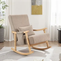HOMCOM Silla Mecedora de Pana con Cojín Lumbar Patas y Reposabrazos de Madera de Caucho Bolsillo Estilo Moderno Marrón Claro(m-9)