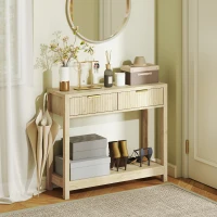 HOMCOM Console meuble 90 cm, table console étroite avec 2 tiroirs rainurés et étagère, style moderne, bois naturel(m-2)