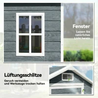 Outsunny Gerätehaus 1,1 m² Geräteschuppen mit Holzoptik Fenster Satteldach Belüftung Boden Schloss Handschuhe Grau(m-5)
