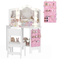 AIYAPLAY Coiffeuse enfant 2 en 1 avec tabouret miroir triptyque et lumières LED bicolores  93,6 x 48,5 x 111,5 cm blanc(m-11)