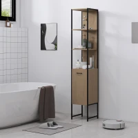 HOMCOM Tall Bathroom Cabinet with Open Shelves and Adjustable Shelf - Natural Wood Finish(m-10)
