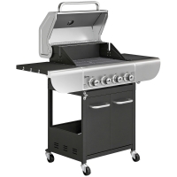 Outsunny Barbacoa de Gas con 4 Quemadores 12,8 kW Termómetro Parrillas de Hierro Fundido Mesas Laterales Armario y Ruedas Negro