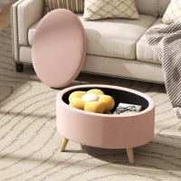 HOMCOM Puff Almacenaje Ovalado Banco Almacenaje 71x51,5x42 cm Tapizado en Terciopelo con Patas de Madera Maciza Rosa Claro(m-8)