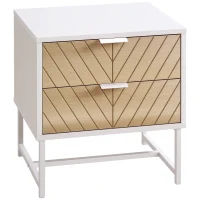 HOMCOM Mesita de Noche con 2 Cajones con Patas de Acero Mesilla Auxiliar para Salón Dormitorio 45x39x48cm Blanco y Roble(m-1)