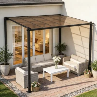 Outsunny 3.6 x 3 m Lean to Garden Pergola with PC Roof, Aluminium Frame Hardtop Gazebo Pergola with Drainage Gutters, Dark Grey(m-10)