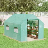 Outsunny Serre de jardin tunnel 2 x 3m, 6m² avec porte enroulable, 4 fenêtres, - Acier galvanisé PE Haute densité Vert(m-9)