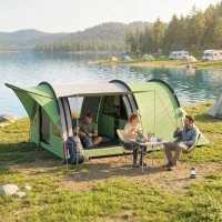 Outsunny 4 Person Easy Setup Family Camping Tent with 2 Rooms, Waterproof Tunnel Tent w/ Sewn In Groundsheet, Green & Grey(m-14)