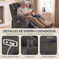 HOMCOM Sillón Relax Reclinable Eléctrico Levanta Personas Masaje Vibratorio y Calor Asiento Ancho USB-C USB-A Bolsillos Negro(m-8)