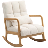 HOMCOM Fotoliu Balansoar 90°-130° cu Pernă Lombară, Acoperit cu Material Textil Sherpa, 64.5x82x89 cm, Alb și Lemn Natur