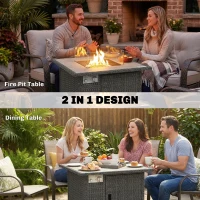 Outsunny 14.5 KW Rattan Gas Fire Pit Dining Table with Rain Cover, Wind Guard, Lid, Lava Rocks, Dark Grey(m-4)