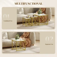 HOMCOM Nesting Coffee Tables, Set of 3 Square Side Tables with Gold Metal Frame, for Living Room, Bedroom and Office, White(m-6)
