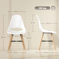 HOMCOM Set de 2 scaune de dining din plastic și lemn, stil nordic, cu spătar curbat, alb(m-3)
