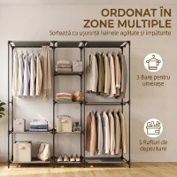 HOMCOM Dulap Textil Compact cu 3 Bare pentru Umerașe, 5 Rafturi și Structură din Oțel, 182 x 43 x 182 Cm, Negru(m-4)