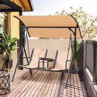Outsunny Balancelle de Jardin 2 Places Table d'appoint pivotante + Rangement intégré Inclinaison Toit réglable Acier Noir Polyester Beige(m-2)