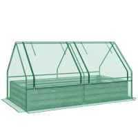 Outsunny Metal Planter Box with Cover, Raised Garden Bed with Greenhouse, for Herbs and Vegetables, Green and Dark Grey(m-11)
