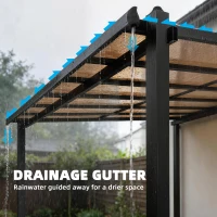 Outsunny 3.6 x 3 m Lean to Garden Pergola with PC Roof, Aluminium Frame Hardtop Gazebo Pergola with Drainage Gutters, Dark Grey(m-7)