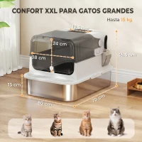 PawHut Arenero para Gatos de Acero Inoxidable XXL con Tapa Abatible Laterales Altos Entrada Superior Pala Blanco(m-3)
