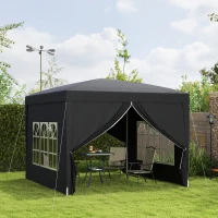 Outsunny 3 x 3 m Pavillon mit 4 Seitenwänden, Fenster, Festzelt mit UV-Schutz, Gartenzelt inkl. Tragetasche, Stahl, Schwarz(m-10)