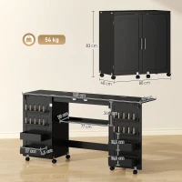 HOMCOM Mesa de costura dobrável, móvel de costura com rodízios, 2 portas magnéticas, 4 compartimentos, 20 ganchos, 160x40x83cm, preto(m-3)