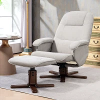 HOMCOM Linen Swivel Recliner Chair with Footstool, Upholstered Reclining Armchair with Wooden Base for Living Room, Light Grey(m-10)
