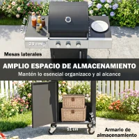 Outsunny Barbacoa de Gas con 3 Quemadores 8,1 kW Termómetro Parrillas Mesas Laterales Armario y Ruedas 109x50x109 cm Negro(m-6)