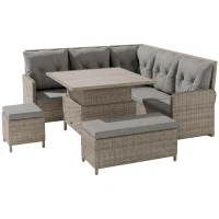 Outsunny 7 Seater Rattan Garden Furniture Set, 6 Piece Patio Dining Set with Liftable Coffee Table and Soft Padded Cushion, Wicker Sectional Conversation Corner Sofa, 123 x 55 x 84 cm, Light Grey(m-12)