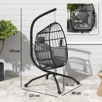 Outsunny Hanging Egg Chair Outdoor Indoor Garden Swing Chair with Folding Basket and Thickened Cushion, Garden Hanging Chair with Stand, Headrest, Cup Holder for Patio, Balcony, Dark Grey(m-3)