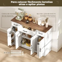 HOMCOM Aparador de Cocina Rústico 4 Estantes de Puerta Estantes Ajustables 3 Cajones 120x38x87 cm Blanco y Nogal(m-4)