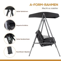 Outsunny Hollywoodschommel, 2-zits Tuinschommel met Verstelbaar Dak, tot 220 kg belastbaar, 145 x 116 x 172 cm, Zwart(m-6)