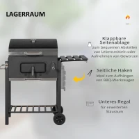 Outsunny Houtskoolbarbecue Smoker BBQ-Smoker, 1 Opbergruimte, 1 Handdoekhouder, 2 Grillroosters, 113 cm x 65 cm x 108 cm, Zwart(m-8)