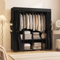 HOMCOM Dulap Textil Compact cu 5 Bare, 4 Rafturi, 6 Buzunare Laterale, Uși Antipraf cu Fermoar, Negru(m-8)