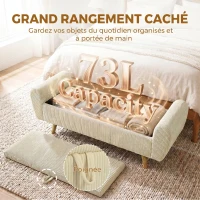 HOMCOM Banc de rangement 73 L, coffre de rangement rembourré en velours côtelé avec accoudoirs et pieds en bois d'hévéa, beige(m-5)