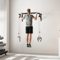 SPORTNOW Barre de traction murale barre de fitness multi-prise système de poulie à câble charge 200kg, acier 126x60x45,5cm, noir(m-9)