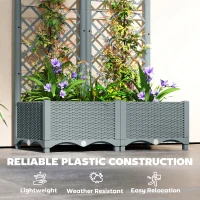Outsunny Raised Garden Bed with Trellis, Plastic Planter Box with Drainage Holes, Drain Plugs and Water Reservoirs for Climbing Plants, Vegetables, Flowers, Grey(m-5)