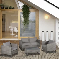 Outsunny 4 Pieces PE Rattan Garden Furniture with Cushion, Outdoor Wicker Conservatory Sofa Set w/ Armchairs, Loveseat, Glass Top Coffee Table, Grey(m-2)