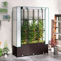 Outsunny Raised Garden Bed with Trellis, Plastic Planter Box with PE Cover, Drainage Holes, Drain Plugs and Water Reservoirs for Climbing Plants, Vegetables, Flowers, 120 x 40 x 140 cm(m-10)
