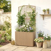 Outsunny Rattan Planter with Trellis, Raised Beds for Garden with Liner for Climbing Plants Vegetables Flowers, Light Grey(m-14)