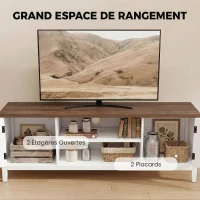 HOMCOM Meuble TV 140 cm, meuble télé pour téléviseur jusqu'à 65 pouces avec 2 portes, 2 compartiments ouverts, blanc et marron(m-5)
