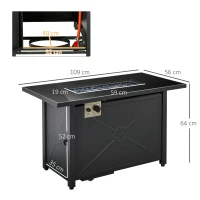 Outsunny Propane Gas Fire Pit Table, 50000BTU Smokeless Firepit Outdoor Patio Heater with Tempered Glass Tabletop, Cover, Glass Beads and Lid, 109cm x 56cm x 64cm, Black(m-3)